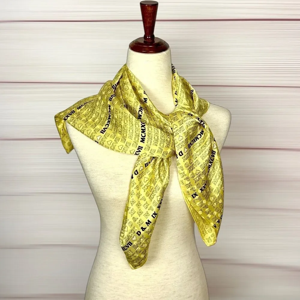 Yellow Silk Satin Scarf Roman Numerals and Initials Print Hand Rolled 34x34